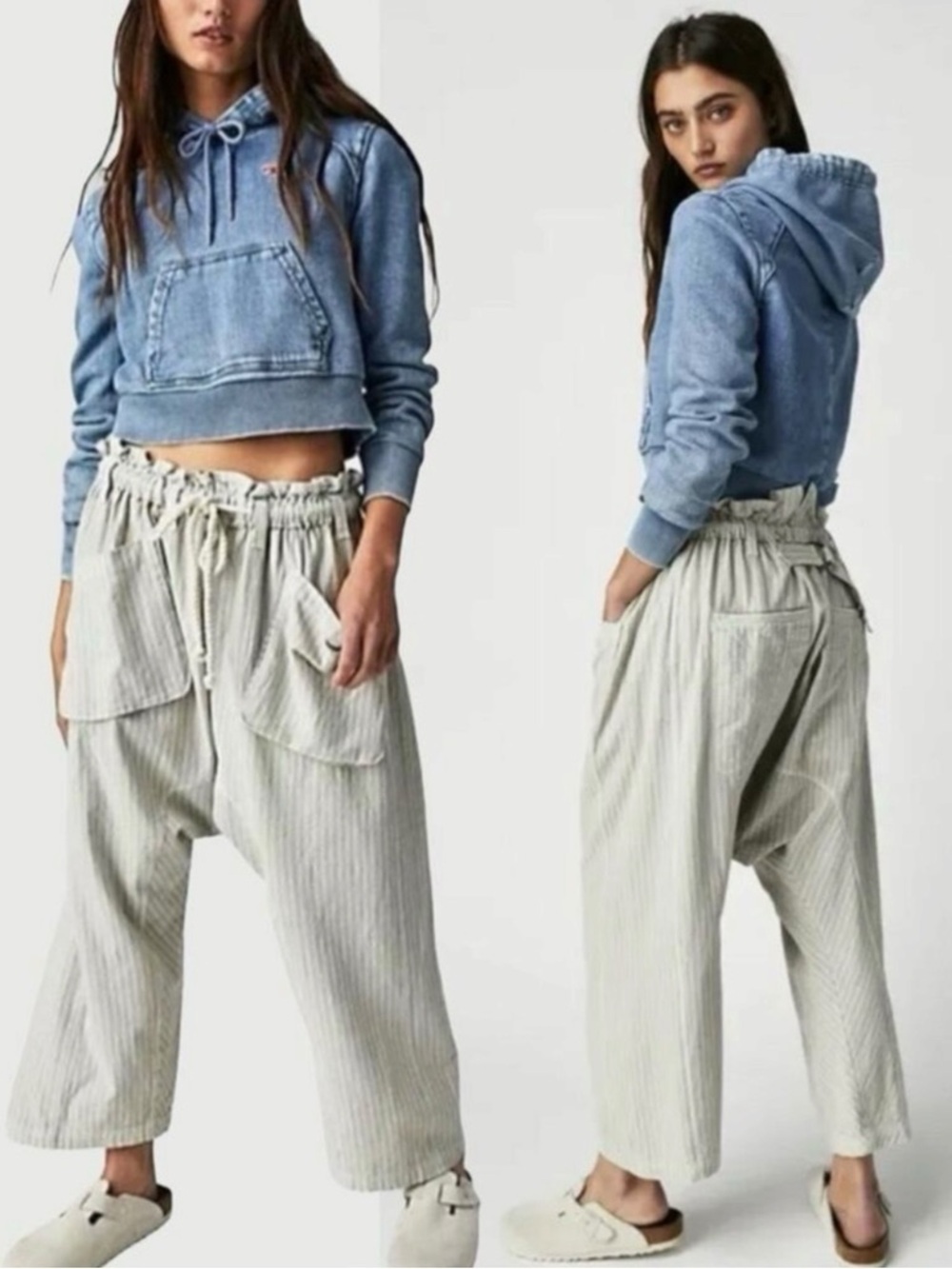 Free People Runyon Oversized Striped Pants in Sky Combo Harem Medium NEW